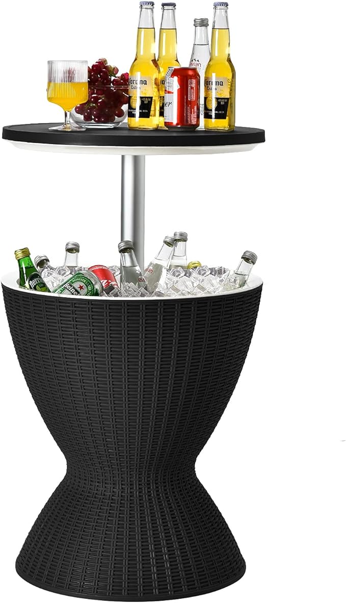 Tangkula Outdoor Cool Bar Table, Rattan Patio 8 Gallon Beer and Wine Cooler, All-Weather Ice Bucket w/Height Adjustable To...