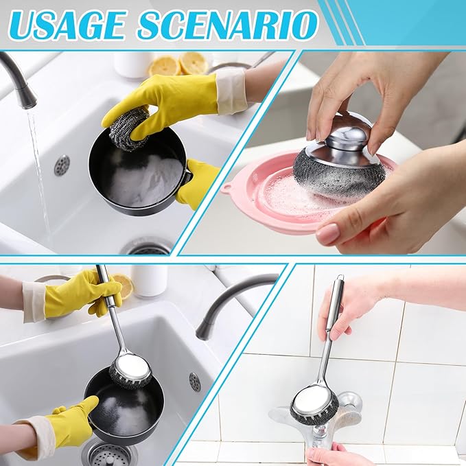 6 Pack Stainless Steel Scrubber with Handle, Silver Stainless Steel Pan Cleaner Deep Cleaning Scrubber for Dishes Tableware Home Kitchen Cast Iron, Stock Pots, Pans