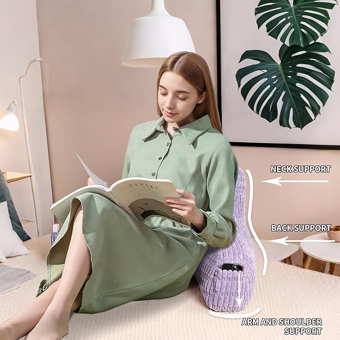 PAJEO Reading Pillow for Sitting in Bed, Large Backrest Reading Pillow with Arm Rest,Back-Rest Support Cushion for Sit Up on Couch, Sofa, and Floor (Light Purple Corduroy, Large(19"))