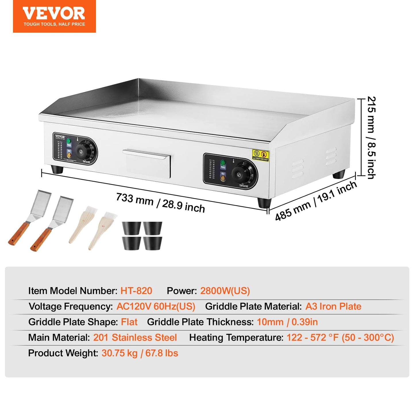VEVOR Commercial Electric Griddle, 2800W Countertop Flat Top Grill, 122℉-572 ℉ Adjustable Temp, 29in Stainless Steel Griddle Grill with 2 Shovels and 2 Brushes for Home or Restaurant(110V No Plug)
