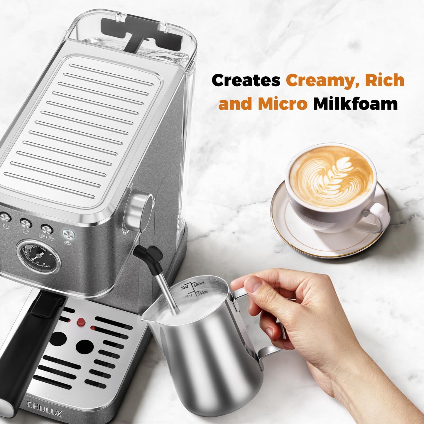 CHULUX Elite Espresso Machine with Milk Frother, Compact Hot and Ice Expresso Coffee Maker for Cappuccino, Latte and Americano, 20 Bar Italian High Pressure Pump, Metallic Gray