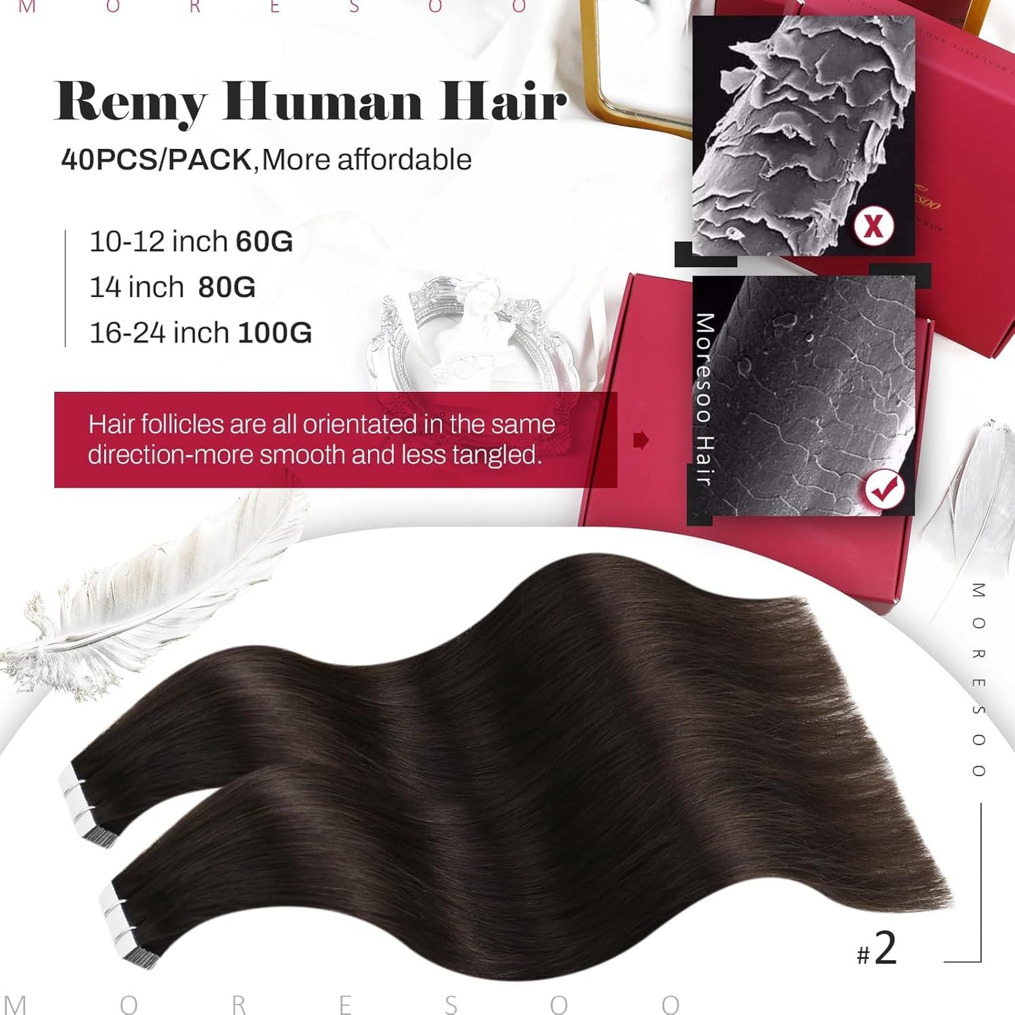Moresoo 40 Pcs Human Hair Extensions Tape in Brown Tape in Hair Extensions 16 Inch 100g Extensions Real Human Hair Glue in Exten