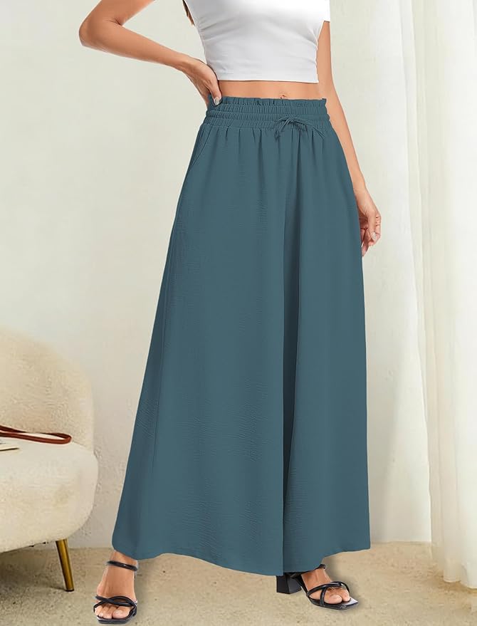 Women’s Wide Leg Pants Drawstring Elastic Waist Casual Trousers Lightweight Loose Lounge Pants with Pockets