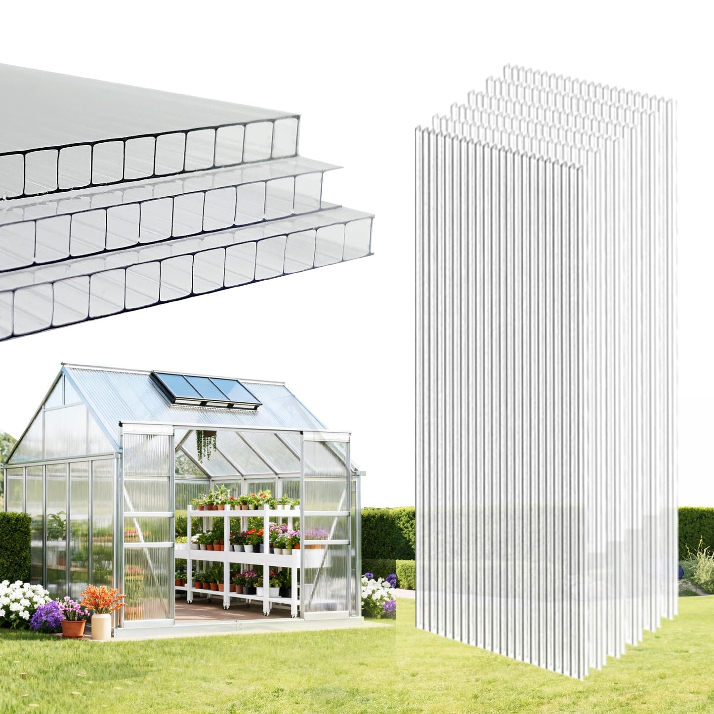 EVERECO 6 Pcs Polycarbonate Greenhouse Panels, 6'FT x 2'FT x 0.24" in Twin-Wall Polycarbonate Sheet, All-Season UV Protected Plastic Roof Sheeting for Greenhouse Covering/Outdoor Garden