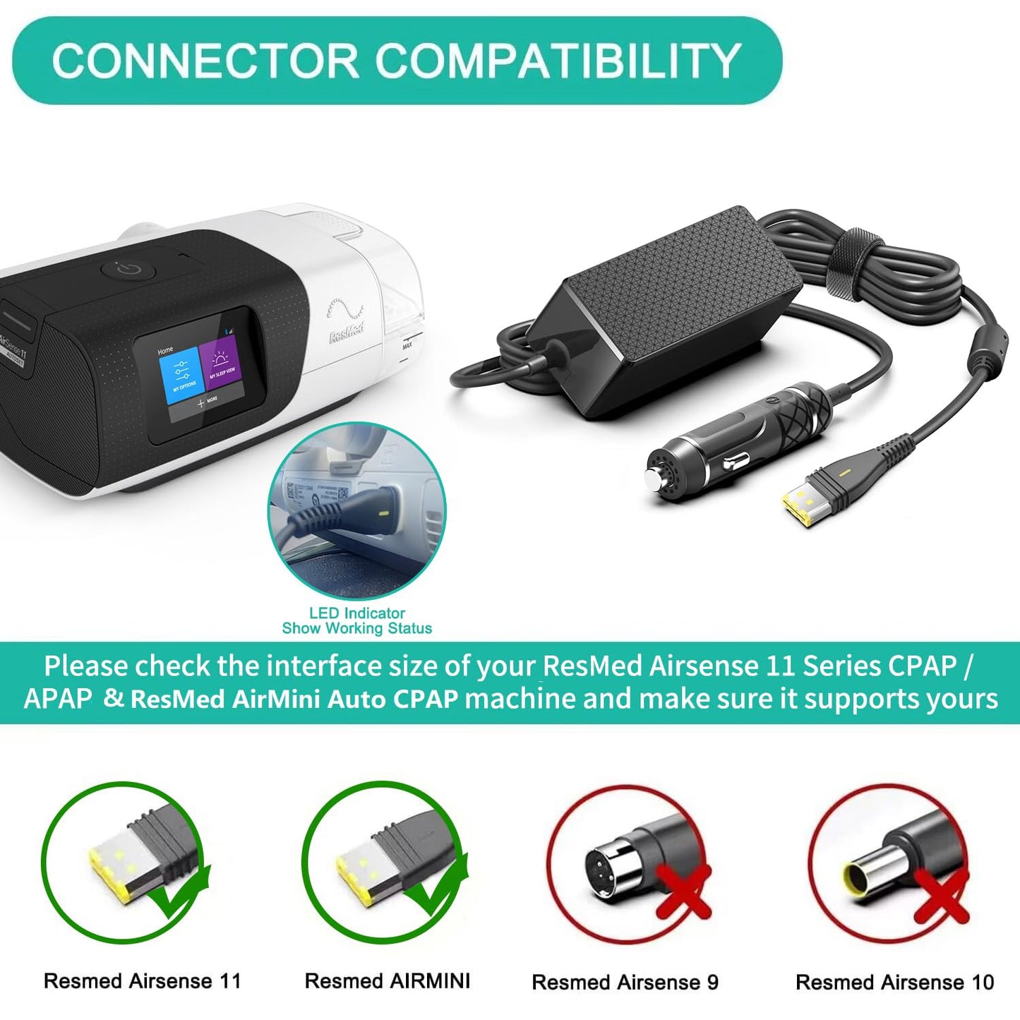 HKY Replacement Resmed AirSense 11 DC Converter 12V-24V Car Charger DC Adapter for All Resmed AirSense 11 CPAP Machine AirSense 11 AutoSet/AirSense 11 Elite CPAP Power Cord Resmed Airsense 11 Supplies