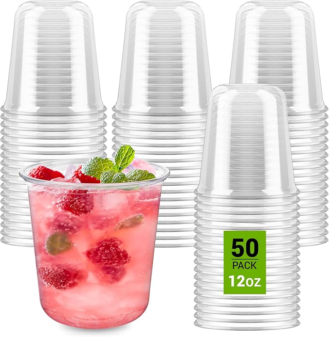 Soelomu 12 oz Disposable Stemless Wine Glasses, 50 Pcs Crystal Plastic Cocktail Cups Clear Classic Cold Drinking Party Gla...