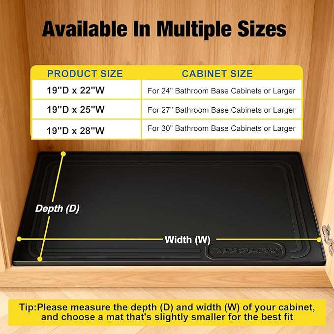 Under Sink Mat 28" X 19", Waterproof Silicone Under Sink Mats for Kitchen, Anti-Leak Shelf Liner & Cabinet Protector with Raised Edge, [BPA Free] Bathroom Tray Home Organizer, Black