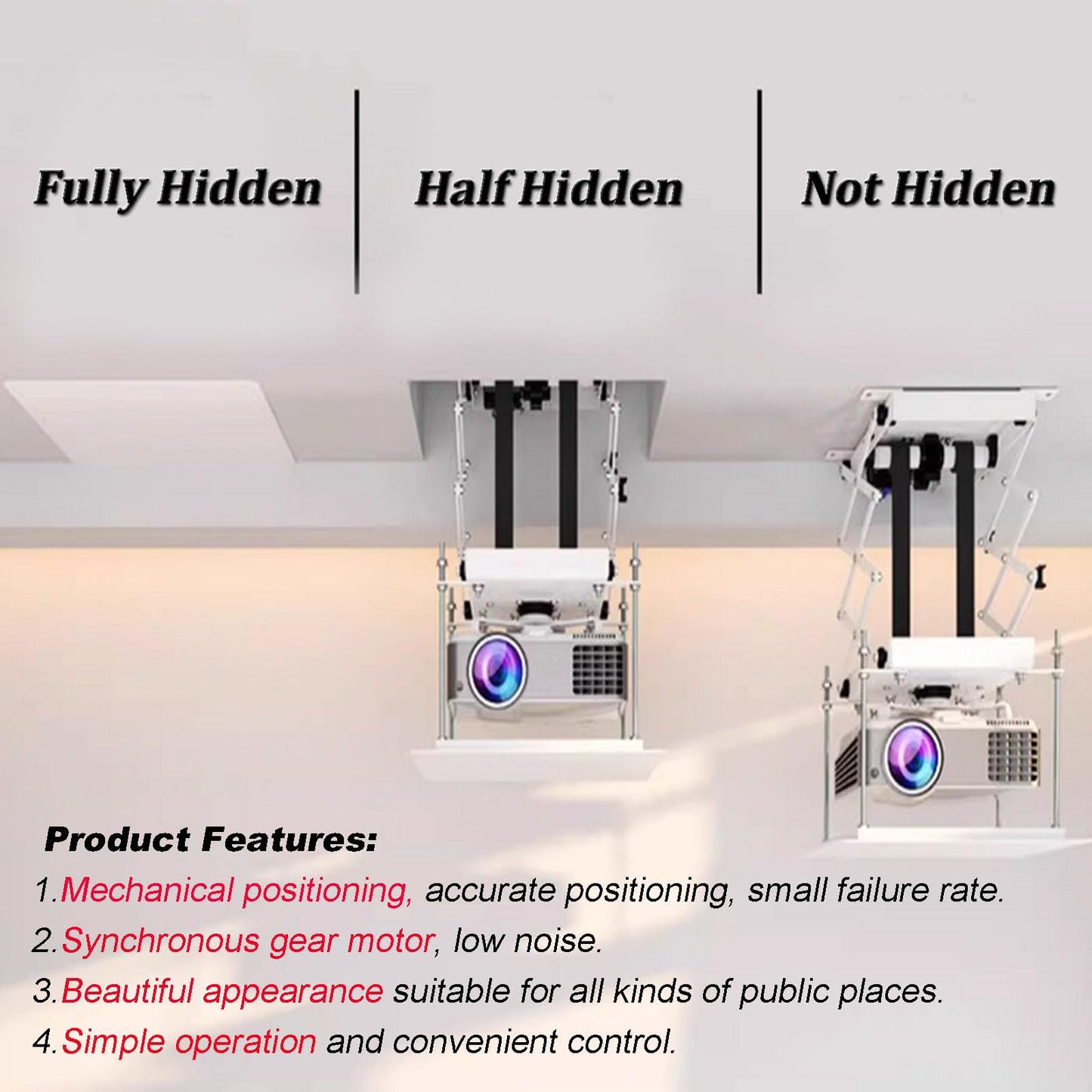 PreAsion Electric 110V Projector Mount Ceiling Hidden Projector Mount with Wireless Remote Control 22LB Max Load for Cinema Church Running Distance 59In