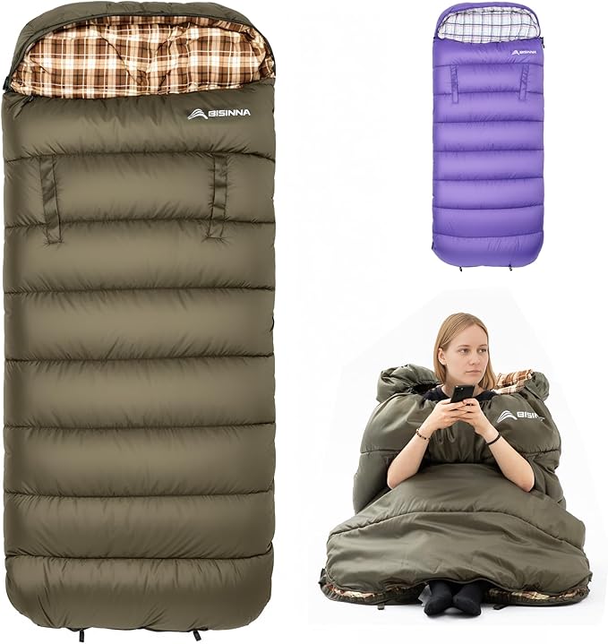 BISINNA Flannel XXL Sleeping bag (90.55"x39.37") Wearable Sleeping Bag for Alults 3 Season with Pillow Compressdin Sack fo...
