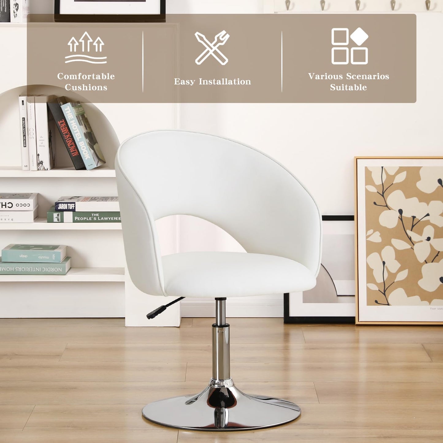 Furnimart Vanity Chair White Leather Vanity Stool, Height Adjustable Accent Chair with Back, Round Swivel Makeup Chair for Living Room Bedroom Vanity Makeup Room (PU White)