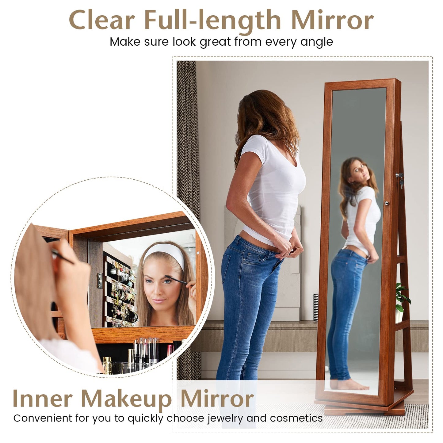 Byroce 360° Rotating Jewelry Organizer, Full Length Mirror with Storage, Lockable Jewelry Cabinet with Inside Makeup Mirror & 3-Tier Rear Shelves, Standing Jewelry Armoire (Walnut)