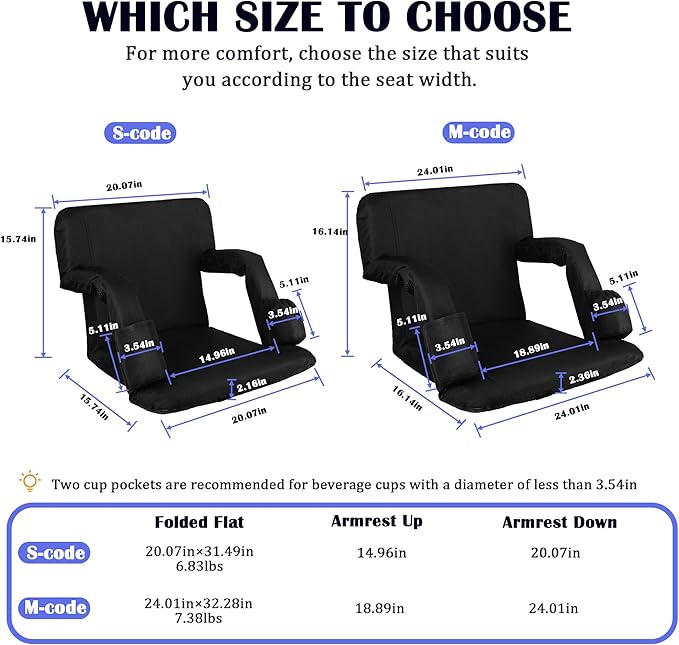 Anmiro Stadium Seats with Back Support Bleacher Chairs with Back and Extra Wide Cushion Thick Padded Bleacher Portable Reclining Seats for Football, Baseball and Basketball (Black, Small)