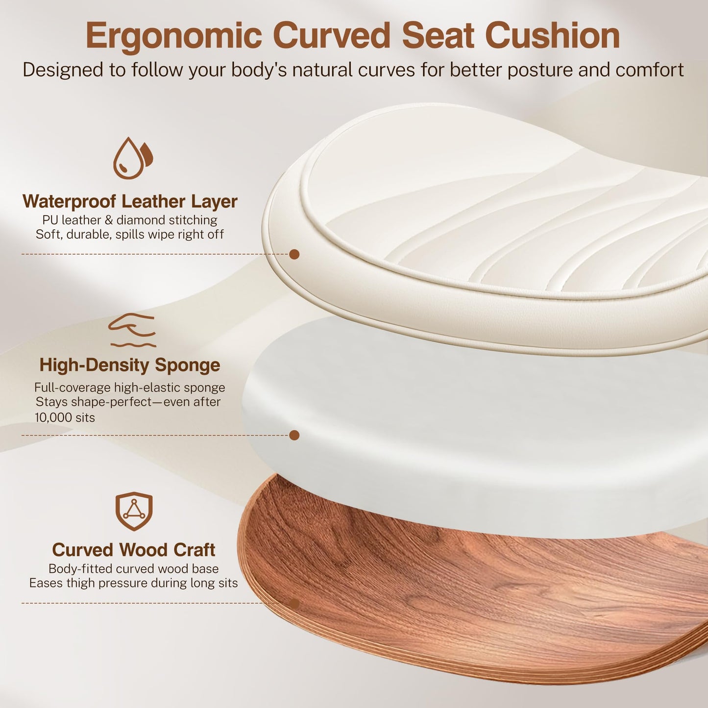 Ergonomic Armless Office Desk Chair - Mid-Century Modern White Faux Leather with Diamond Stitch, Adjustable Height Swivel Rolling Task Computer Chair with Walnut Accent for Home Office, Study & Work