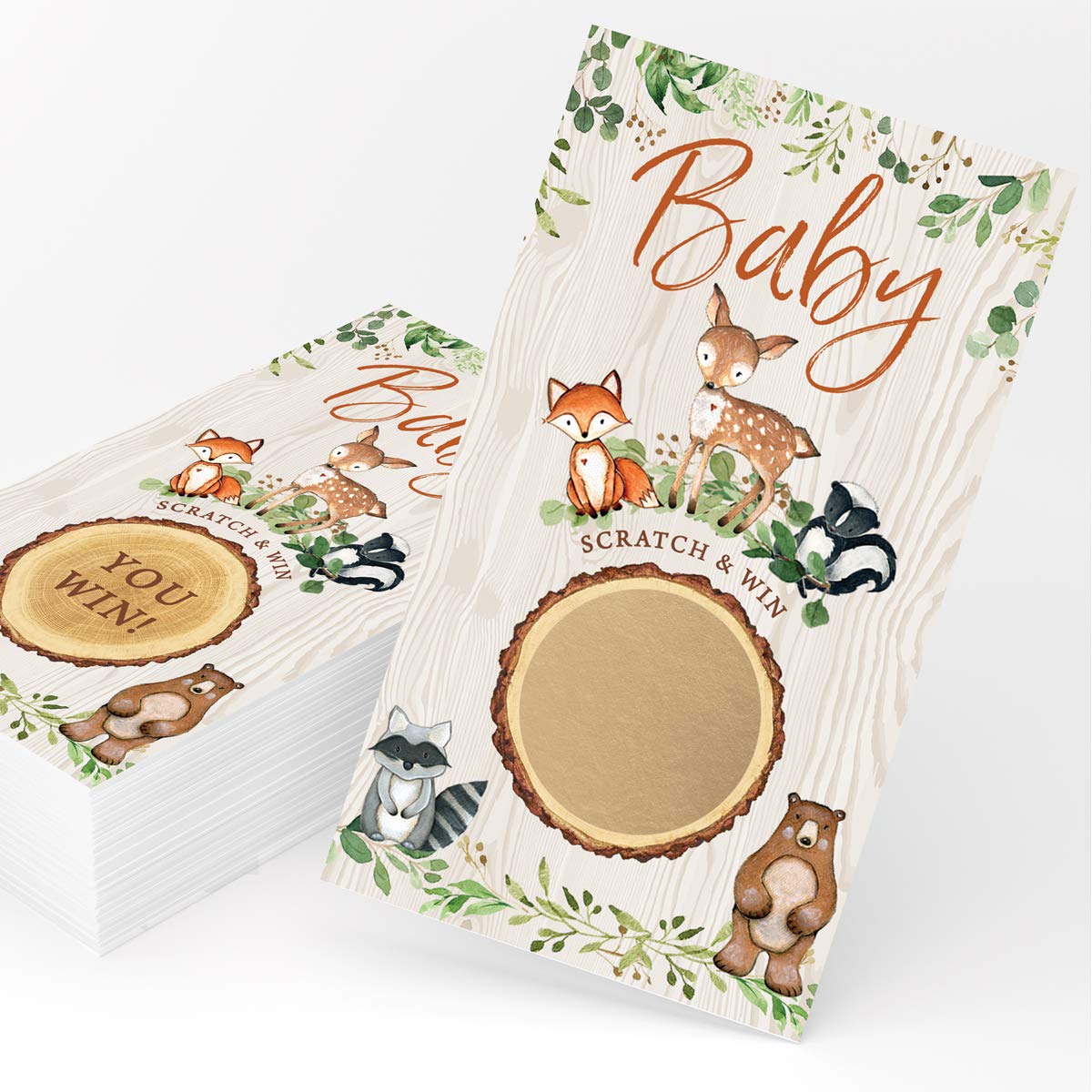 Printed Party Baby Shower Game – Woodland Scratch Off Cards for Boy or Girl, Forest Animal Theme, 30 Cards & Stickers