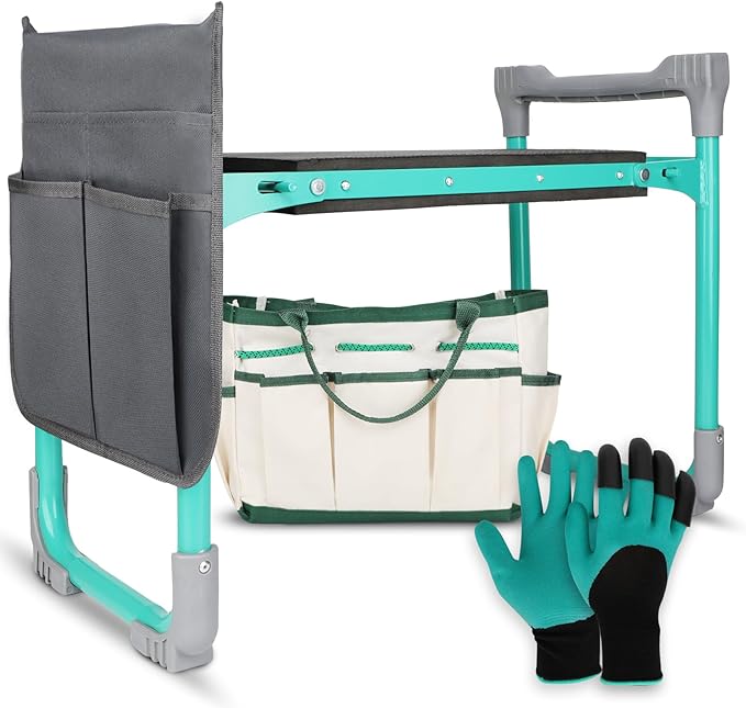 WEILISEN Garden Kneeler and Seat, 2-in-1 Foldable Garden Bench with Non-Slip EVA Foam Pad, Storage Bags, Glove, Portable Gardening Stool for Kneeling & Sitting, Ideal for Gardeners, Patio, Fishing