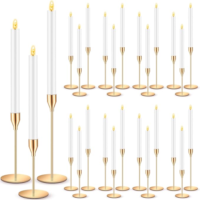 FillTouch 30 Pcs Gold Candlestick Holders with Flameless LED Candles Bulk Includes 15 Metal Candle Holders and 15 Battery ...