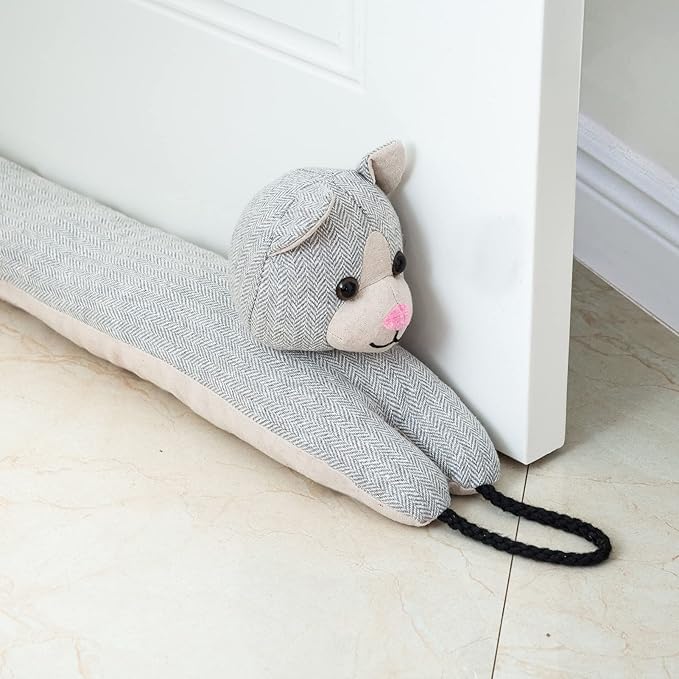 Marwood Under Door Draft Stopper Decorative Wind Stopper 48 inch for Door & Window, Weighted Animal Air Draft Stopper Snake Noise Blocker for Bottom of Door with Hanging Loops - Grey Cat