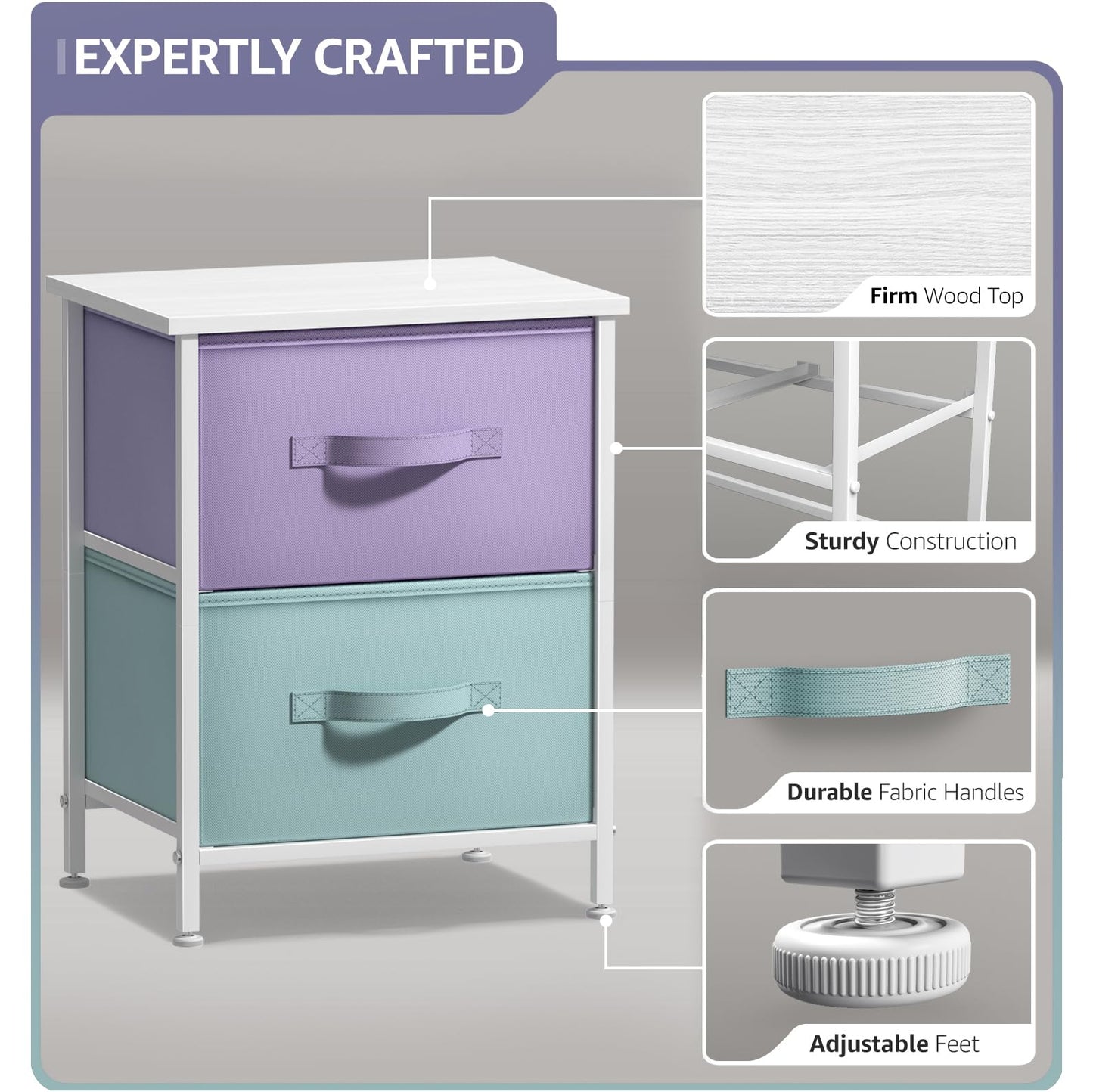 Sorbus Nightstand with 2 Drawers - Kids Bedside Furniture End Table Night Stand - Steel Frame, Wood Top & Easy Pull Fabric Bins - Dresser & Chest for Home, Bedroom Accessories, Office & College Dorm