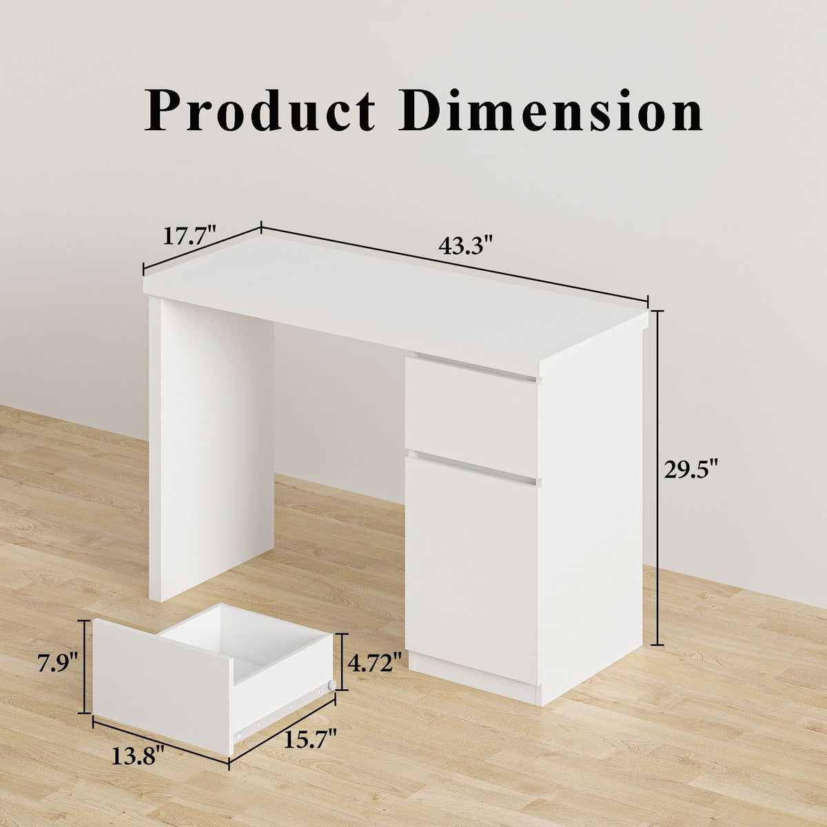 furtble White Desk with Drawers, 43 Inch Small Cute Desk for Bedroom, Home Office PC Desks Workstation Study Table Deskswith Storage, White