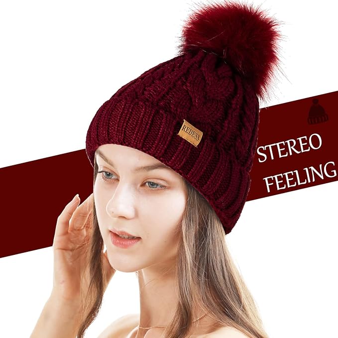 REDESS Women Winter Pompom Beanie Hat with Warm Fleece Lined, Thick Slouchy Snow Knit Skull Ski Cap