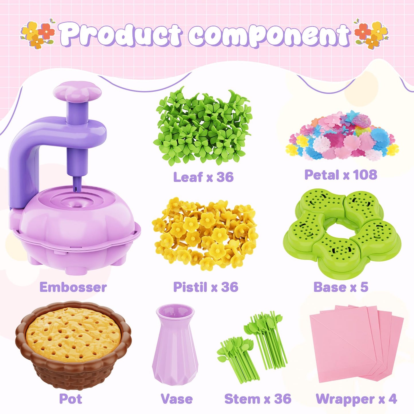 FUNZBO Fabric Flower Bouquets Toys Craft Kit, DIY Arts and Crafts for Kids Ages 4-6-8, Flower Making Toys for 4 5 6 7 8+Year Old Girl Birthday Gifts Ideas, Creative Activity Craft Flowers fot Toddler