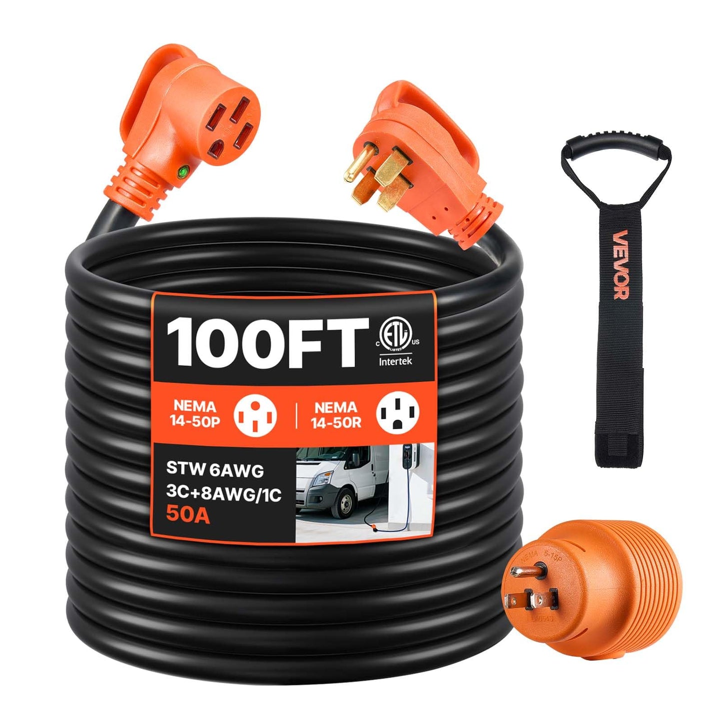 Vevor 100 Ft Rv Extension Cord, 50 Amp, 125V 7500W Heavy Duty Stw 6/3 + 8/1 Gauge Wire, Nema 14-50P Male Nema 14-50R Female Plug