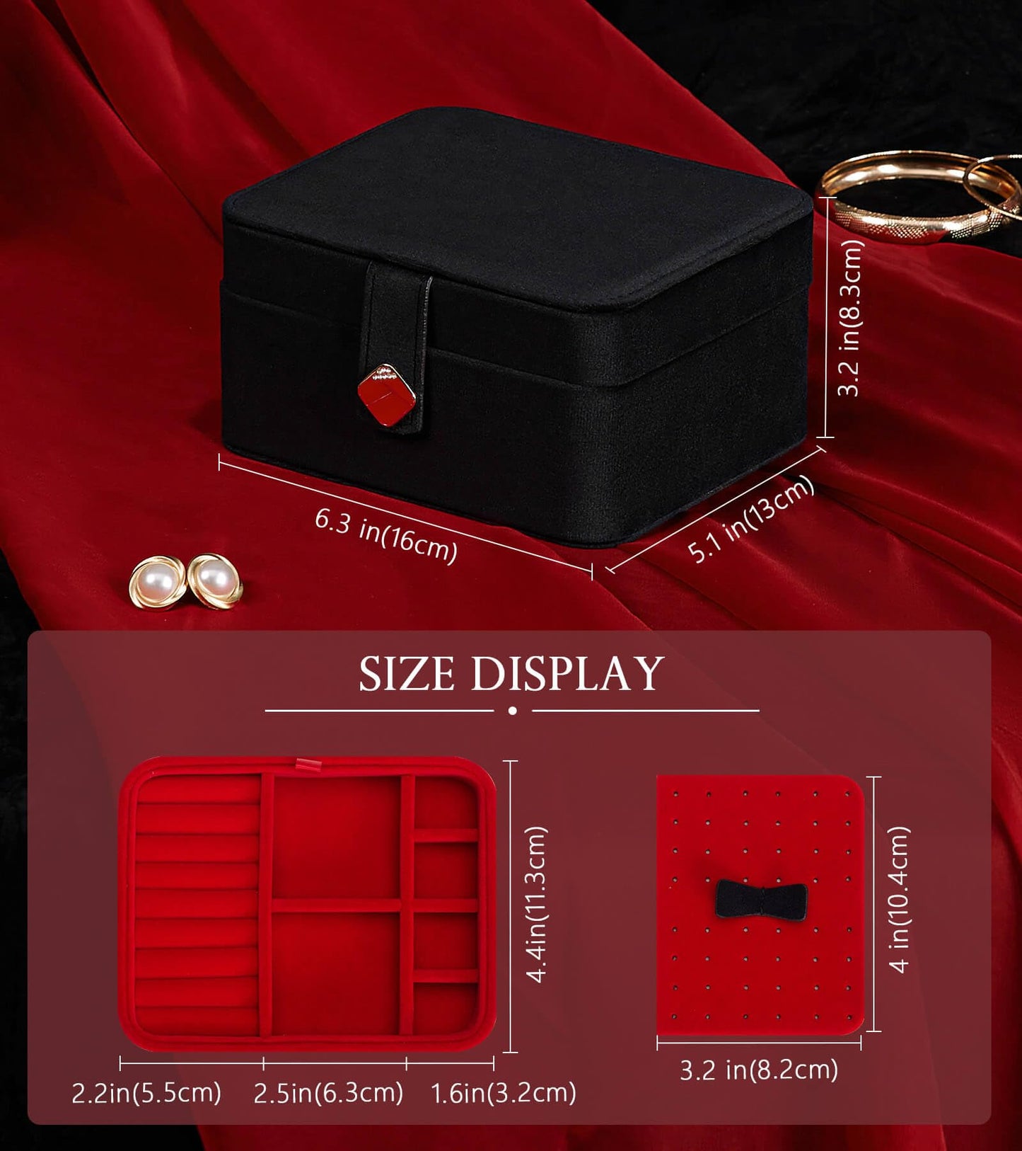 Homde Jewelry Box Small for Women: Ring Earring Organizer Storage for Dresser - Necklace Bracelets Holder with Multi Compartments(Black + Red)