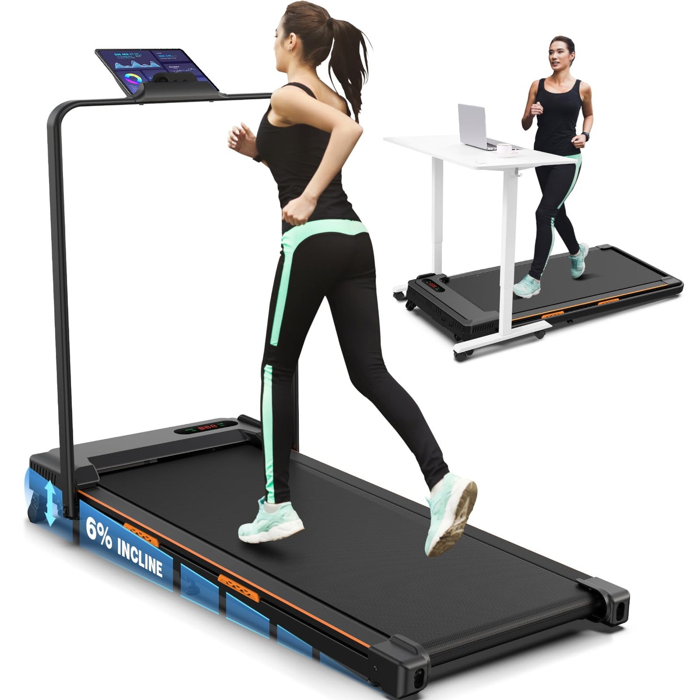 FUNMILY Folding Treadmill with Handles, Foldable Walking Pad Treadmill with Incline and Adjustable Handrails, 3 in 1 Under Desk Treadmills for Home 300 lb Capacity, Running Machine with Handle Bar