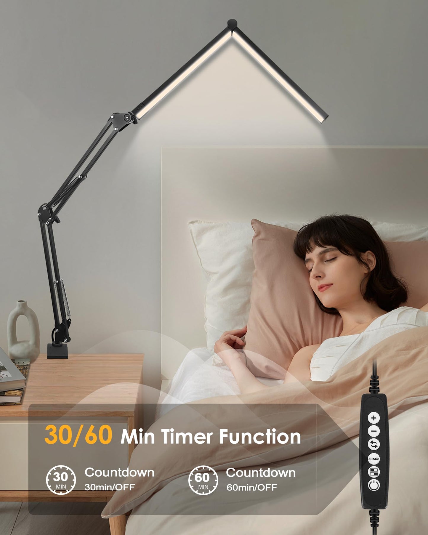 LED Desk Lamp with Clamp, Double Head with Remote Control, 55" Adjustable Swing Arm Architect Desk Lamp, Memory Function for Home Office, Workbench, Reading, Craft, Drafting