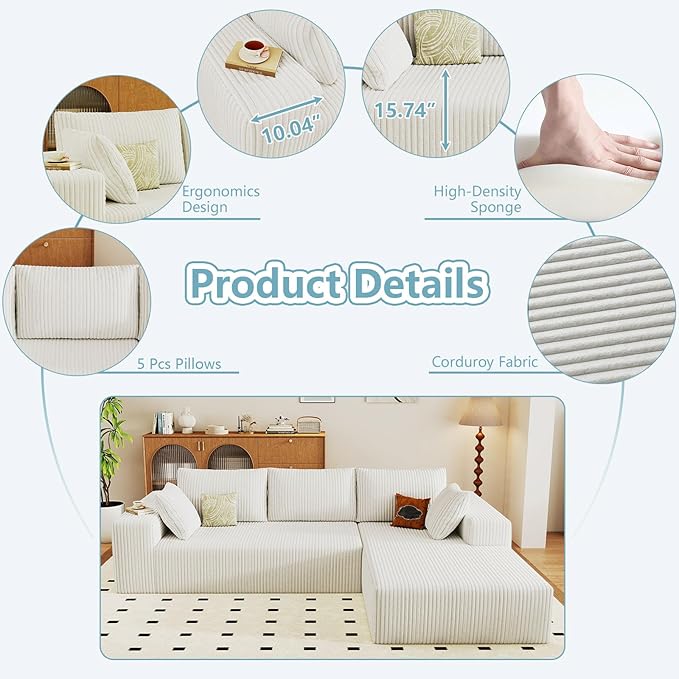 96" Cloud Sectional Couch with L-Shape Chaise, Modern Corduroy Boneless Couch for Living Room,Memory Foam Sofa with Deep Seat,No Assembly Required (White,Right-Facing Chaise)