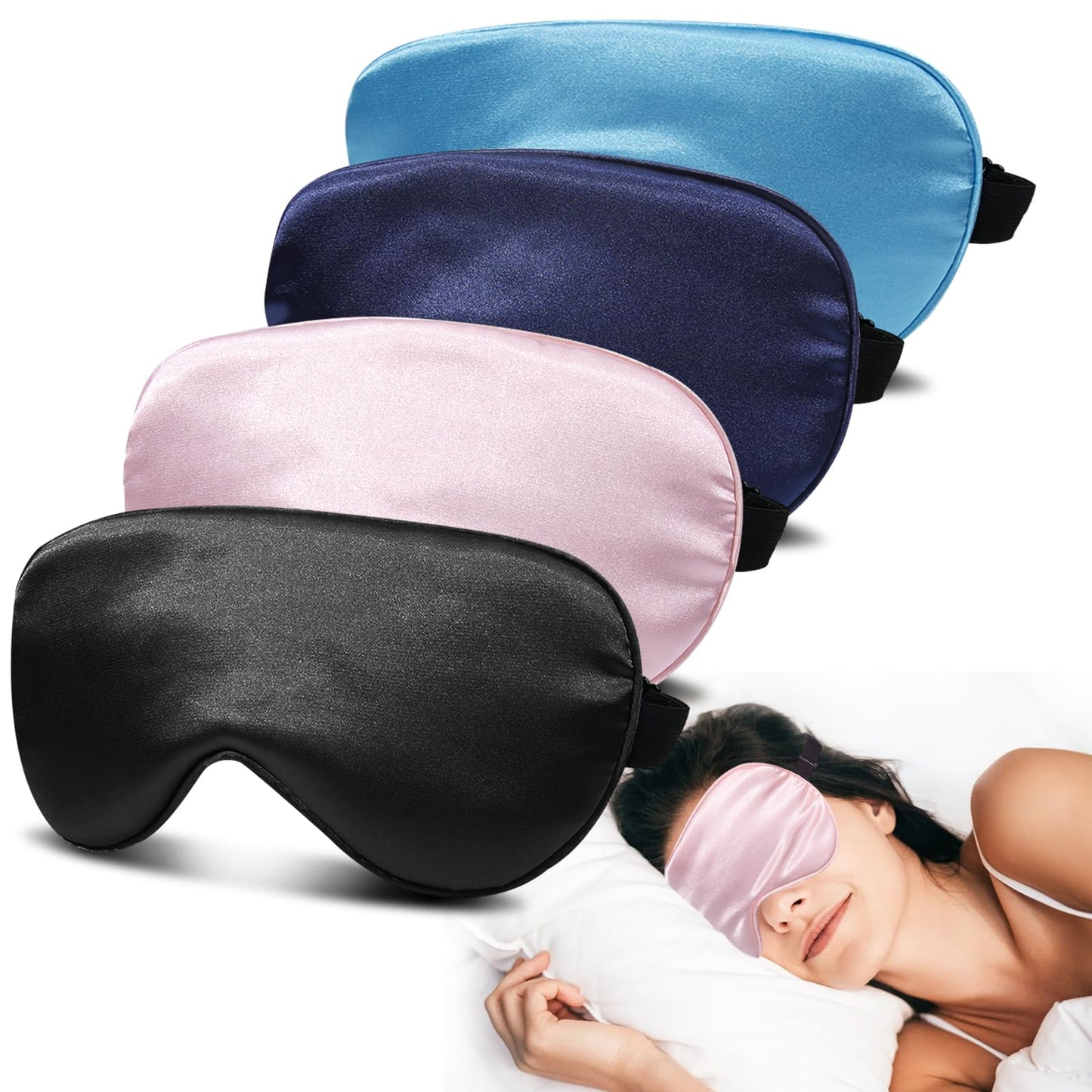JroyJoy 4 Pack Super Soft Silk Sleep Mask - 100% Blackout, Zero Eye Pressure, Blindfold with Adjustable Strap, Travel Eye Covers (Black&Pink&Blue&Light Blue)