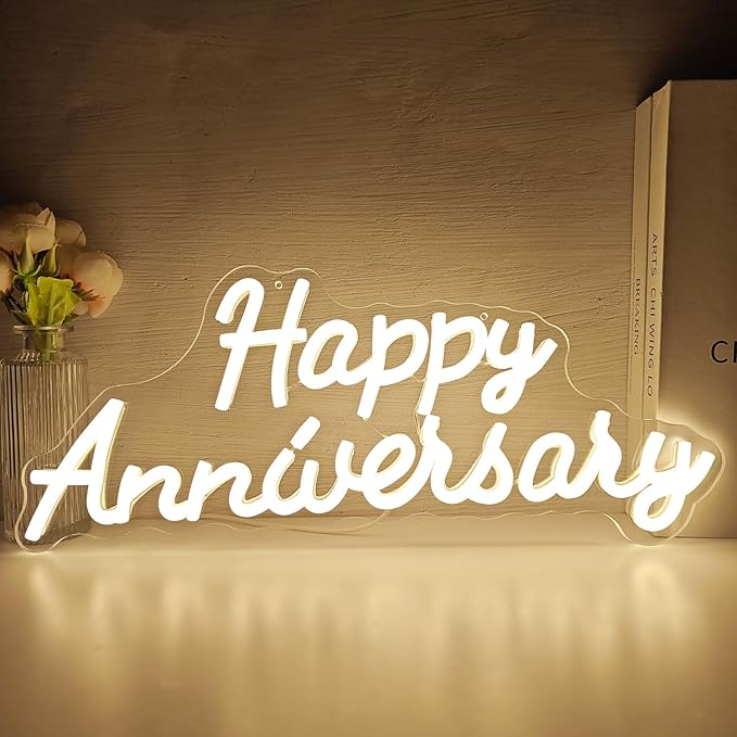 hhuohuona Happy Anniversary Neon Sign Dimmable Wedding Anniversary Decorations Led Sign Backdrop Feliz Aniversario Light U...