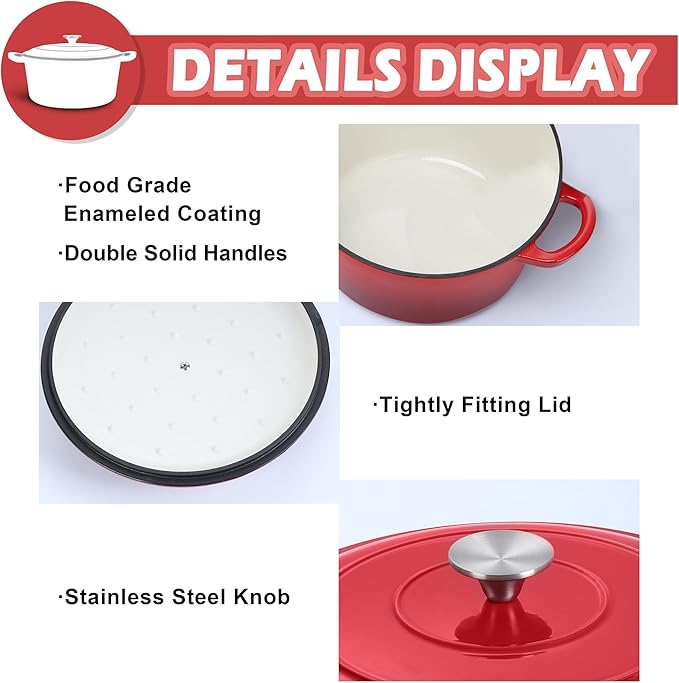 TeamFar 3qt Dutch Oven, Small Enameled Cast Iron Dutch Oven Pot with Lid, For Bread Baking/Stewing/Braising/Frying, Various Stoves & Oven Safe, Non-stick & Easy Clean, Red