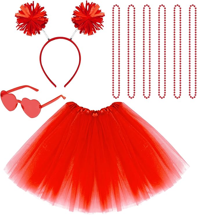 Sucrain Tutu Costume Accessories Set, Spirit Day Pom Pom Headband Necklaces Heart Sunglasses Tutu Wear for Women Party