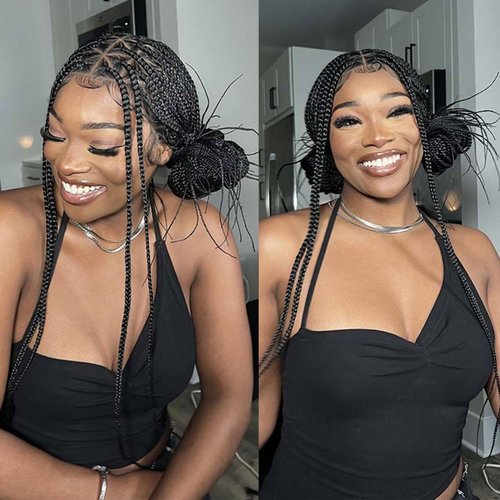 360 Full Lace Knotless Box Braided Wig, Long Black Synthetic Hair, Triangle Lace Front (Black, 34 inches)
