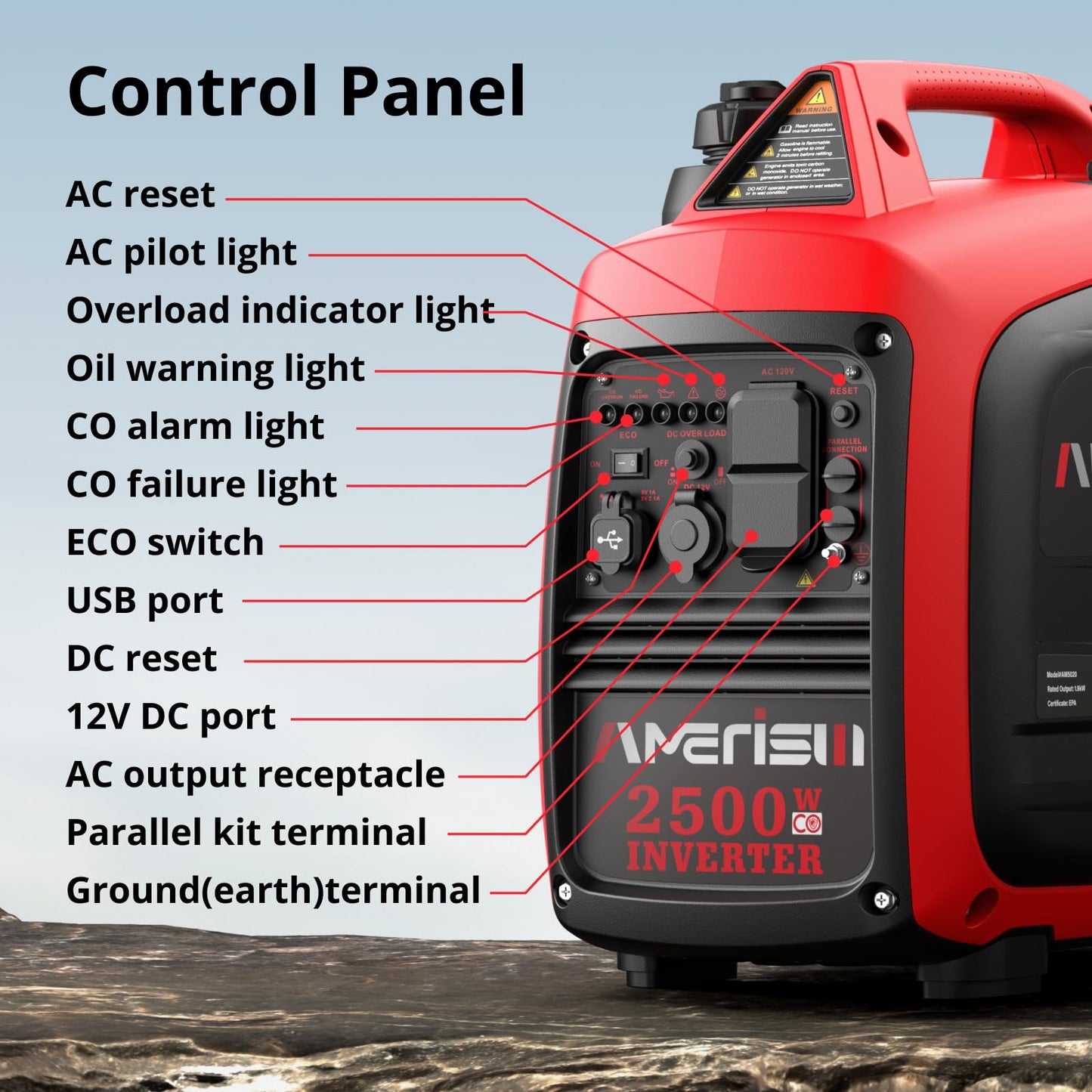 Amerisun 2500-Watt Gas Powered Portable Inverter Generator, Co Sensor, Super Quiet For Home Backup, Emergency, Camping, Epa Comp