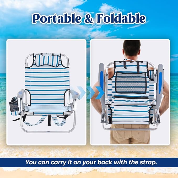 Canpsky Portable Beach Chair for Adults, Outdoor Camping Chair Lay Flat Folding Backpack Beach Reclining Chair with 5 Positions, Headrest, Cup Holder, Heavy White Striped