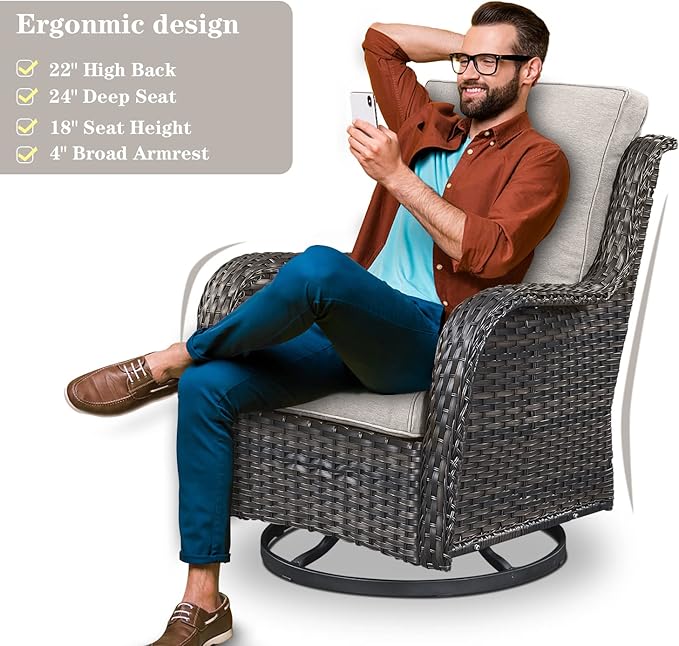 Belord Outdoor Patio Furniture Set with 50000BTU Propane Fire Pit Table, 4 Pieces Wicker Patio Conversation Set with 2 Swivel Rocker Glider Chairs Rattan Sofa Beige Cushion Perfect for Gathering