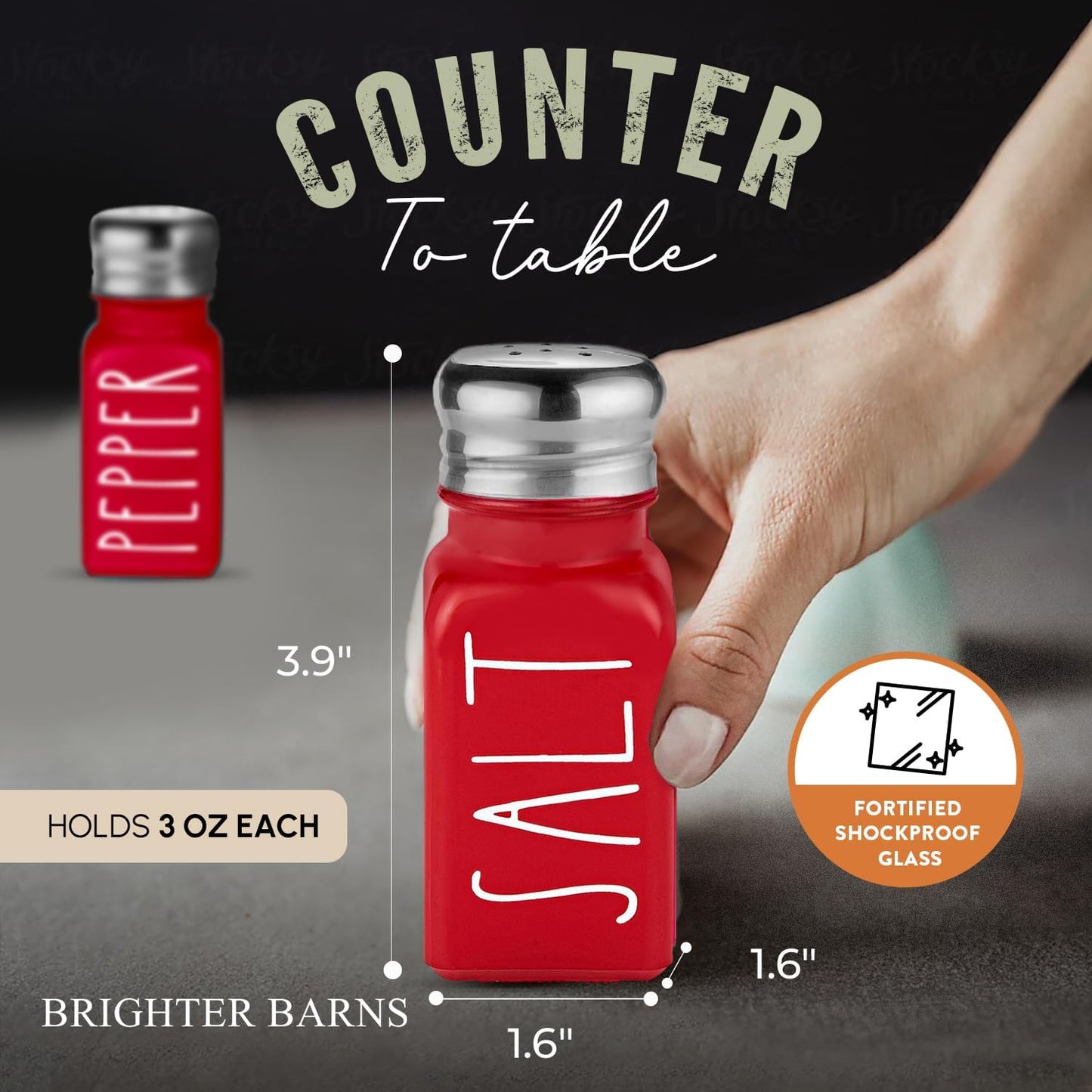 Red Salt and Pepper Shakers Set by Brighter Barns - Modern Farmhouse Kitchen Decor and Accessories for Home Restaurants Weddings - Cute Modern Glass Christmas Shaker Sets & Stainless Steel Lid (Red)