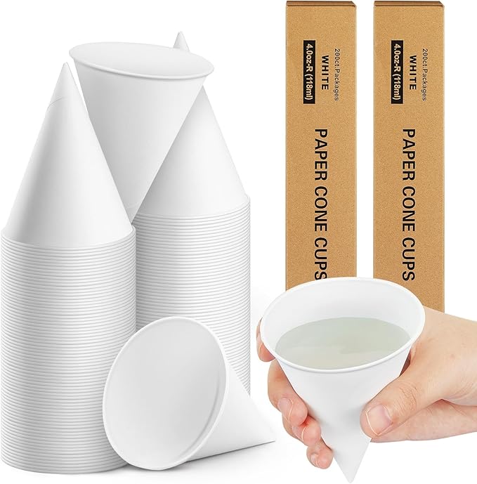 Roshtia 400 Pcs Paper Cone Cups Thicken Disposable Cone Cups for Shaved Ice, Slushies Water Cooler Dispenser, White (4 oz)