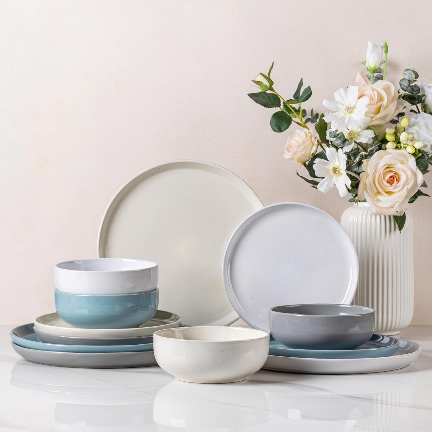GBHOME Ceramic Dinnerware Set for 4, 12pcs Stoneware Plates and Bowls Sets, Handmade Chip and Scratch Resistant Dishes Set, Dishwasher & Microwave Safe