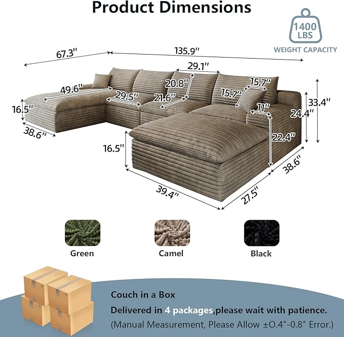 136" Cloud Sectional Couch U-Shaped Chaise with Ottoman, Corduroy Boneless Couch for Living Room Bedroom, Deep-Seat Upholstered Modular Cloud Sofa, No Assembly Required (Camel, Left Facing Chaise)