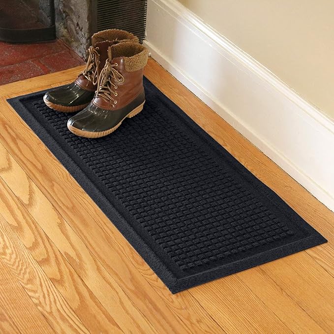 Bungalow Flooring Waterhog Indoor/Outdoor Boot Tray, 15 by 36 inches, Made in USA, Skid Resistant, Easy to Clean, Catches Water and Debris, Squares Pattern, Charcoal