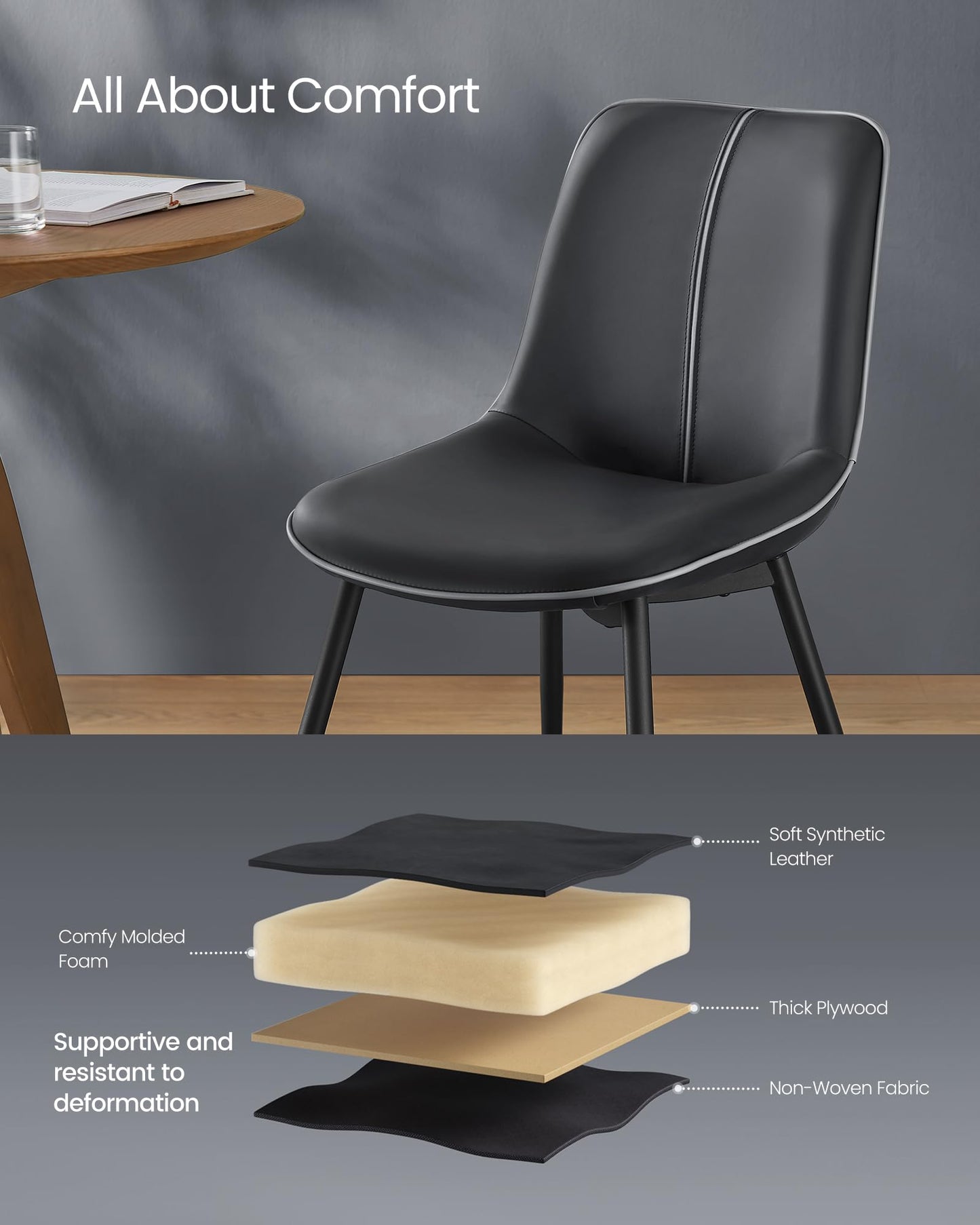 VASAGLE Leather Dining Chairs Set of 2, Comfortable Upholstered Seat Dining Room Chairs with Swivel Leveling Feet, Curved Backrest Kitchen Chair for Living, Restaurant, Easy Assemble, Ink Black