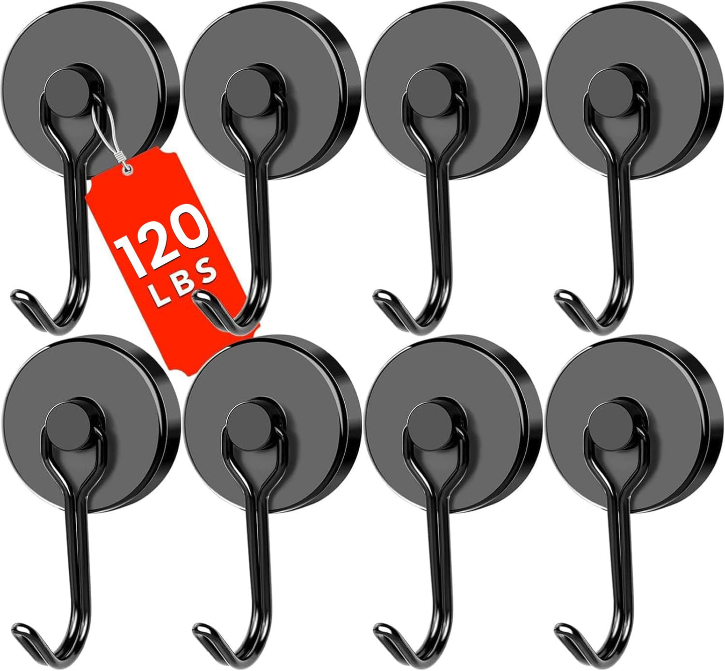 DIYMAG Black Magnetic Hooks 120LBS Strong Magnetics Heavy Duty 2026 Cruise Ship Essentials Magnets with Metal Hook for Hanging Refrigerator Home Kitchen Office, 8Pack
