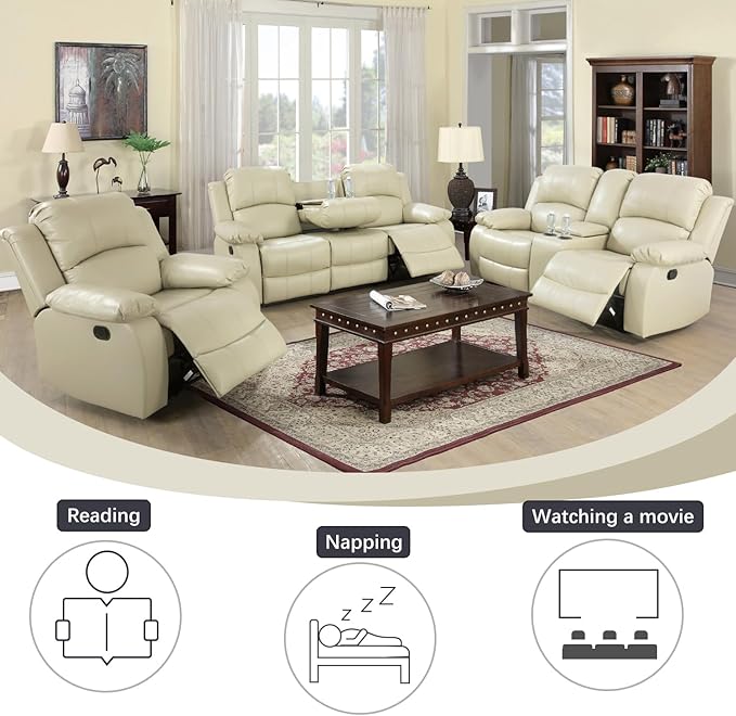 A Ainehome Recliner Sofa Set Living Room Manual Reclining Sofa Bonded Leather Loveseat Chair with Storage Console&Cup Holder Sectional Couch for Living Room/Home(A-Beige Leather, 3 Piece Set)