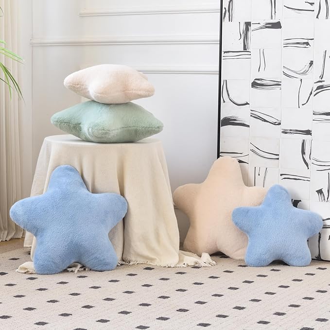 Xiashrk Star Pillow, Decorative Throw Pillows for Bed Couch, 15" Star Shaped Pillow Plush Floor Cushions Room Decor Pillow with Faux Rabbit Fur for Sofa Bedroom Living Room (Grey Blue, 19.6" x 19.6")
