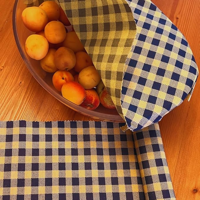 Reusable Beeswax Wrap Roll – Cotton, Plastic-Free Food Storage Alternative – Wrap Made by Women in Chile (Blue Squares)
