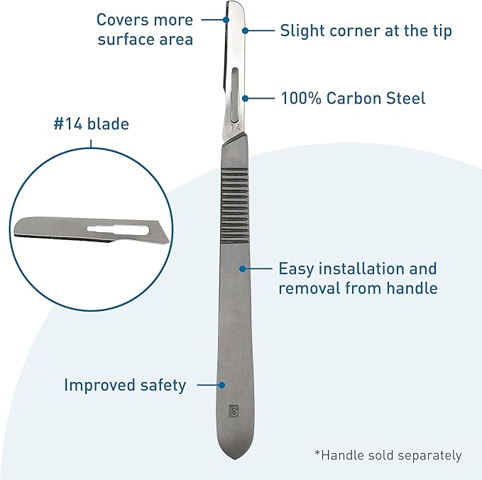 BodyMed Dermaplaning Blades #14 in Carbon Steel, 100 PCS - Disposable, Individually wrapped, Sterile Scalpel Blades for Estheticians, Facial Exfoliation, Hair Removal, Skin Care, Surgical & Podiatry
