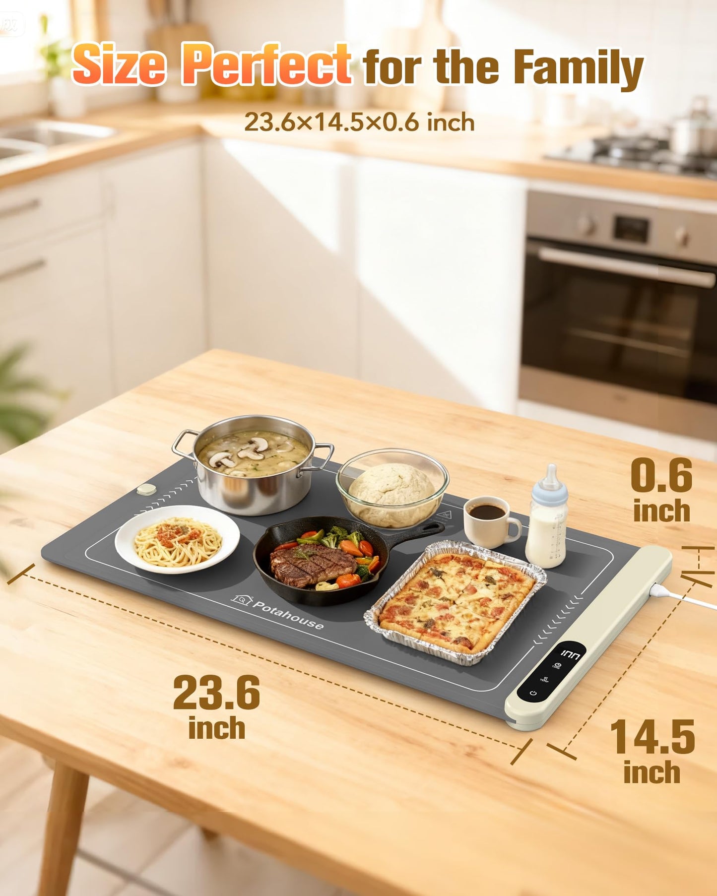 Potahouse® Warming Mat for Food, Graphene Full-Surface Fast Heating, Electric Warming Tray with 6 Temp & Timer Settings, Rollable & Portable Silicone Food Warmer for Parties, Home and Travel, Gray